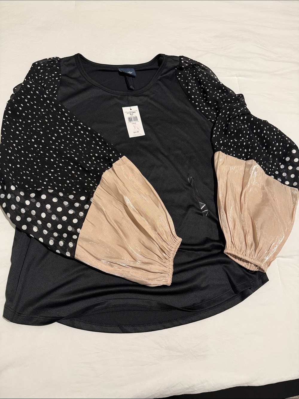 Daytrip Black Top with Polka Dot Puff Sleeves and Blush Panels